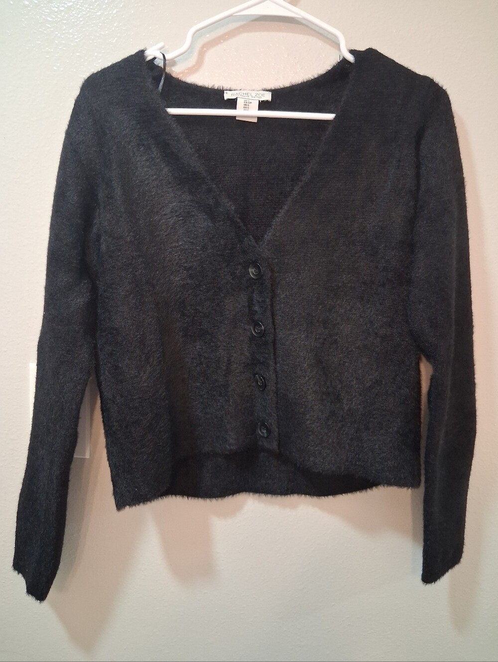 Rachel Zoe Black Fuzzy V-Neck Button Cardigan